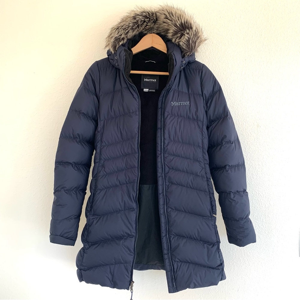 Marmot Women's Montreal Blue Down Puffer Coat Parka with Faux Fur Trim - Picture 2 of 14